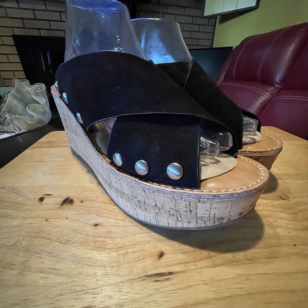 Chinese Laundry Wedge Cork Sandals with studs, Black Suede, Women's US 10 EU 41 - Picture 12 of 16